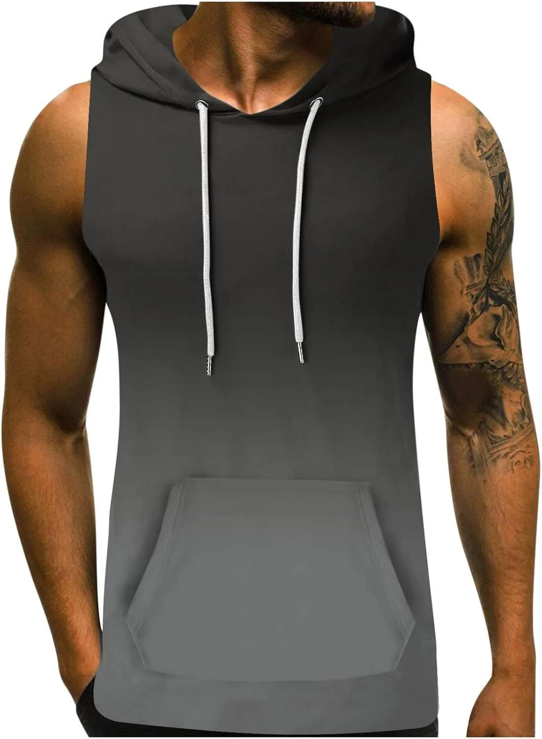 Men's Workout Hooded Tank Tops Sleeveless Gym Hoodies Bodybuilding Muscle Cut Off T Shirt Sports Training Tank Top
