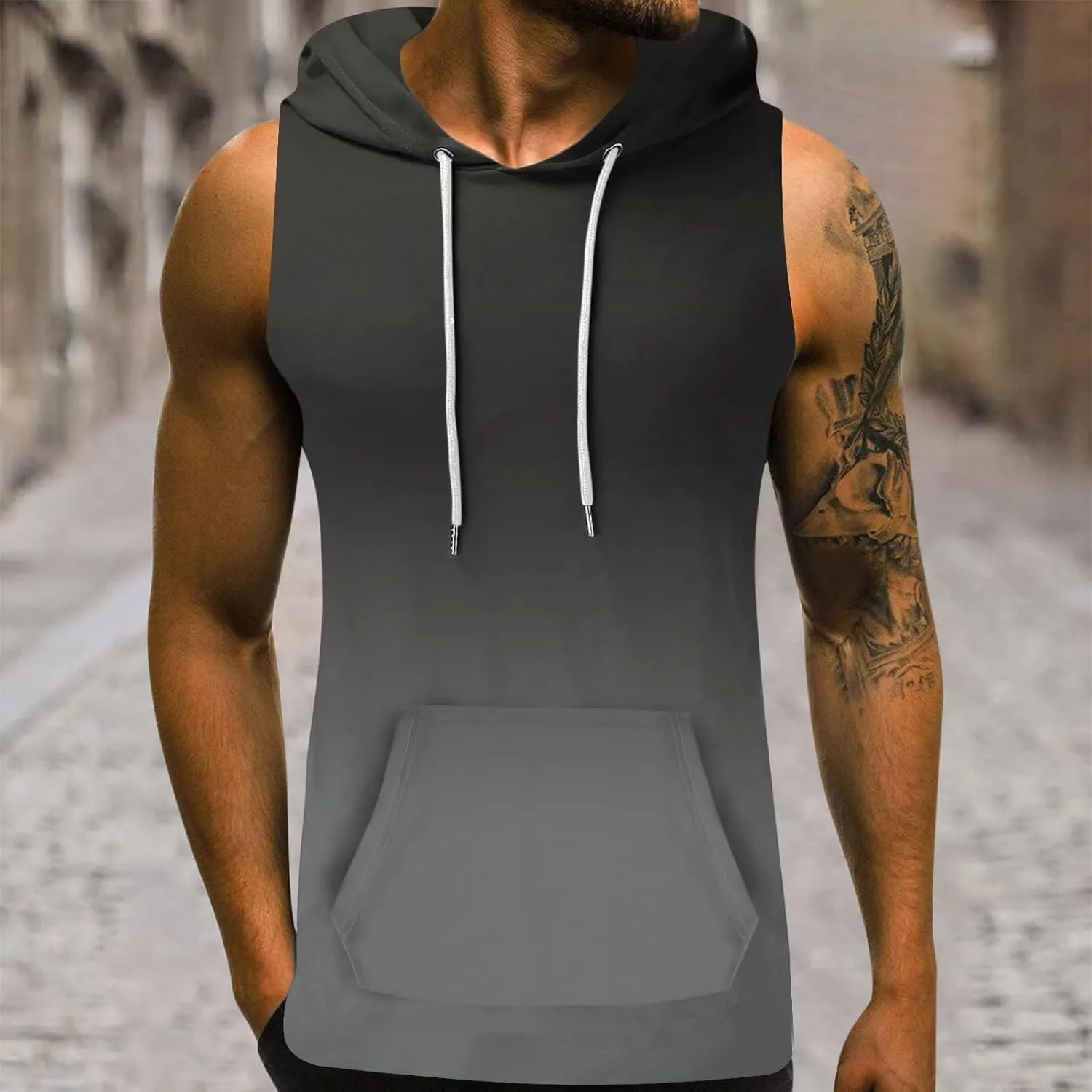 Men's Workout Hooded Tank Tops Sleeveless Gym Hoodies Bodybuilding Muscle Cut Off T Shirt Sports Training Tank Top