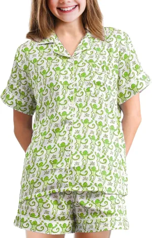 Monkey Pajamas Pjs Shorts Sets,Kids 2 Piece Button Down Monkey Beach Shorts Set,Cute Animals Print Floral Nightwear