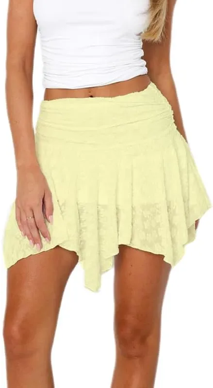 NUFIWI Halloween Women Floral Lace Mini Skirts Ruffle Pleated Layered Short Skirt Low Waist Cosplay Flowy Lace Skirts
