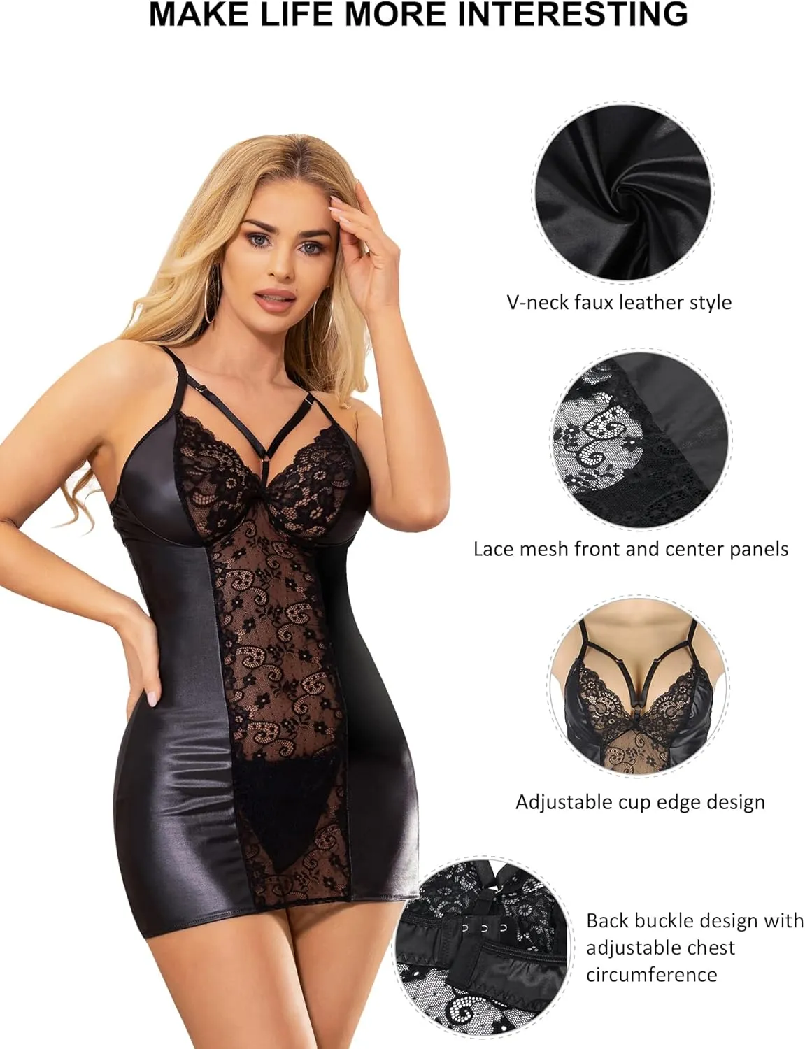 ohyeahlady PU Leather Lingerie Sets for Women Sexy Mini Dress Bodycon Plus Size V Neck Nightwear Adjustable Sleepwear