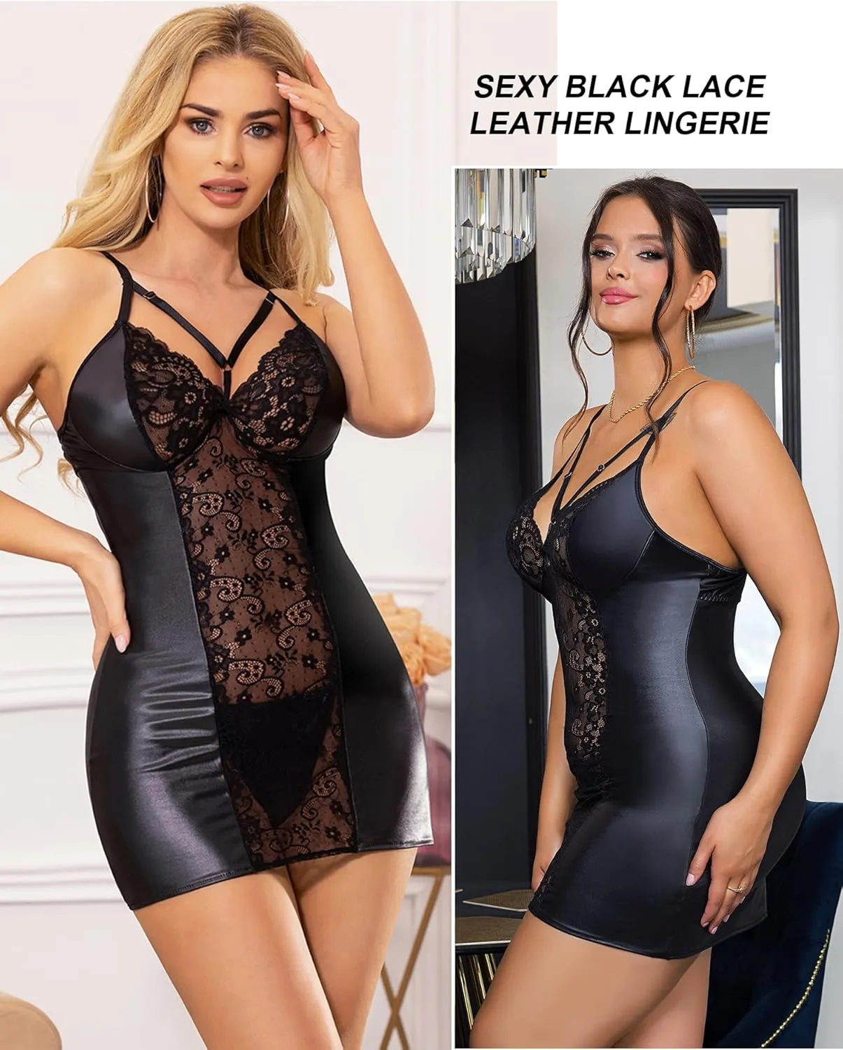 ohyeahlady PU Leather Lingerie Sets for Women Sexy Mini Dress Bodycon Plus Size V Neck Nightwear Adjustable Sleepwear
