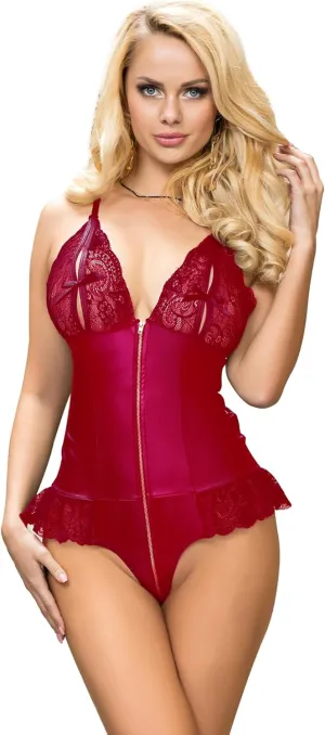 ohyeahlady Women Teddy Lingerie One Piece PU Leather Zipper Rave Bodysuit Deep V Floral Lace Sexy Nightwear Clubwear S-XXL