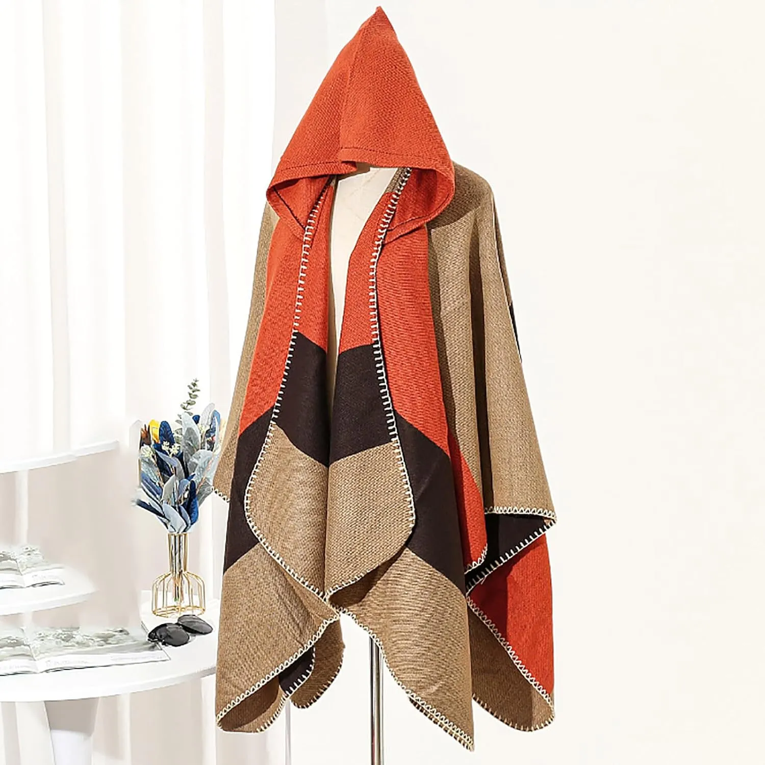 Oplxuo Women's Hooded Cloak Shawls Wraps Color Block Knit Scarf Shawl Soft Warm Poncho Cape Cardigan Sweater