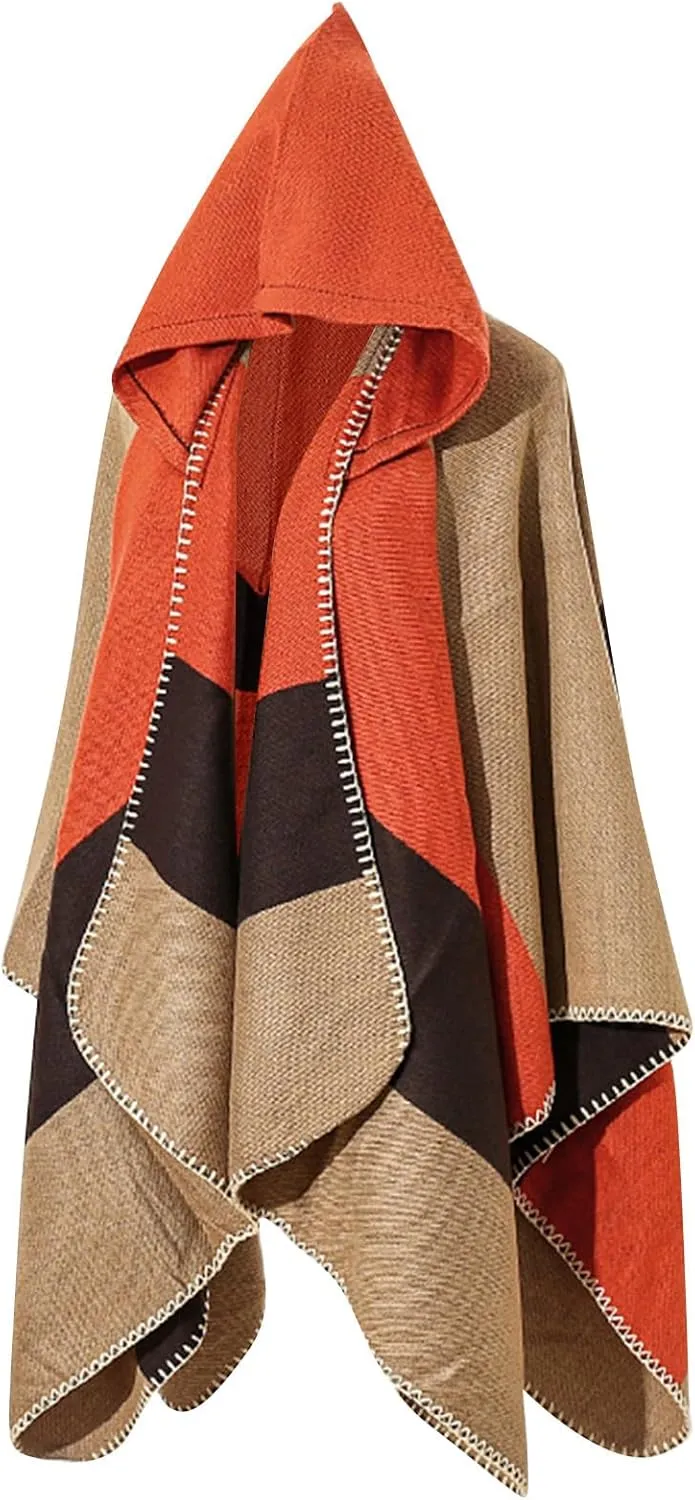 Oplxuo Women's Hooded Cloak Shawls Wraps Color Block Knit Scarf Shawl Soft Warm Poncho Cape Cardigan Sweater