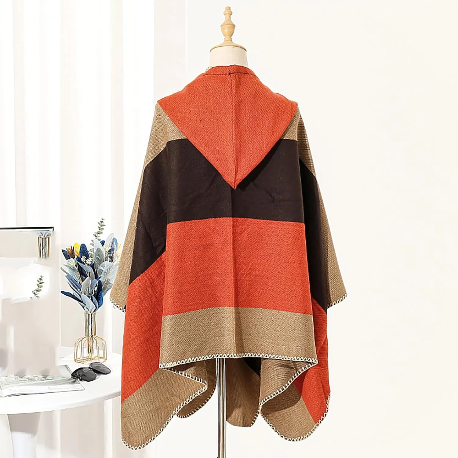 Oplxuo Women's Hooded Cloak Shawls Wraps Color Block Knit Scarf Shawl Soft Warm Poncho Cape Cardigan Sweater