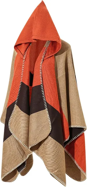 Oplxuo Women's Hooded Cloak Shawls Wraps Color Block Knit Scarf Shawl Soft Warm Poncho Cape Cardigan Sweater