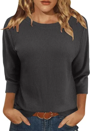 Oversized Sweaters for Women 3/4 Length Sleeve Tops Crewneck Blouses Dressy Casual Knit Tops