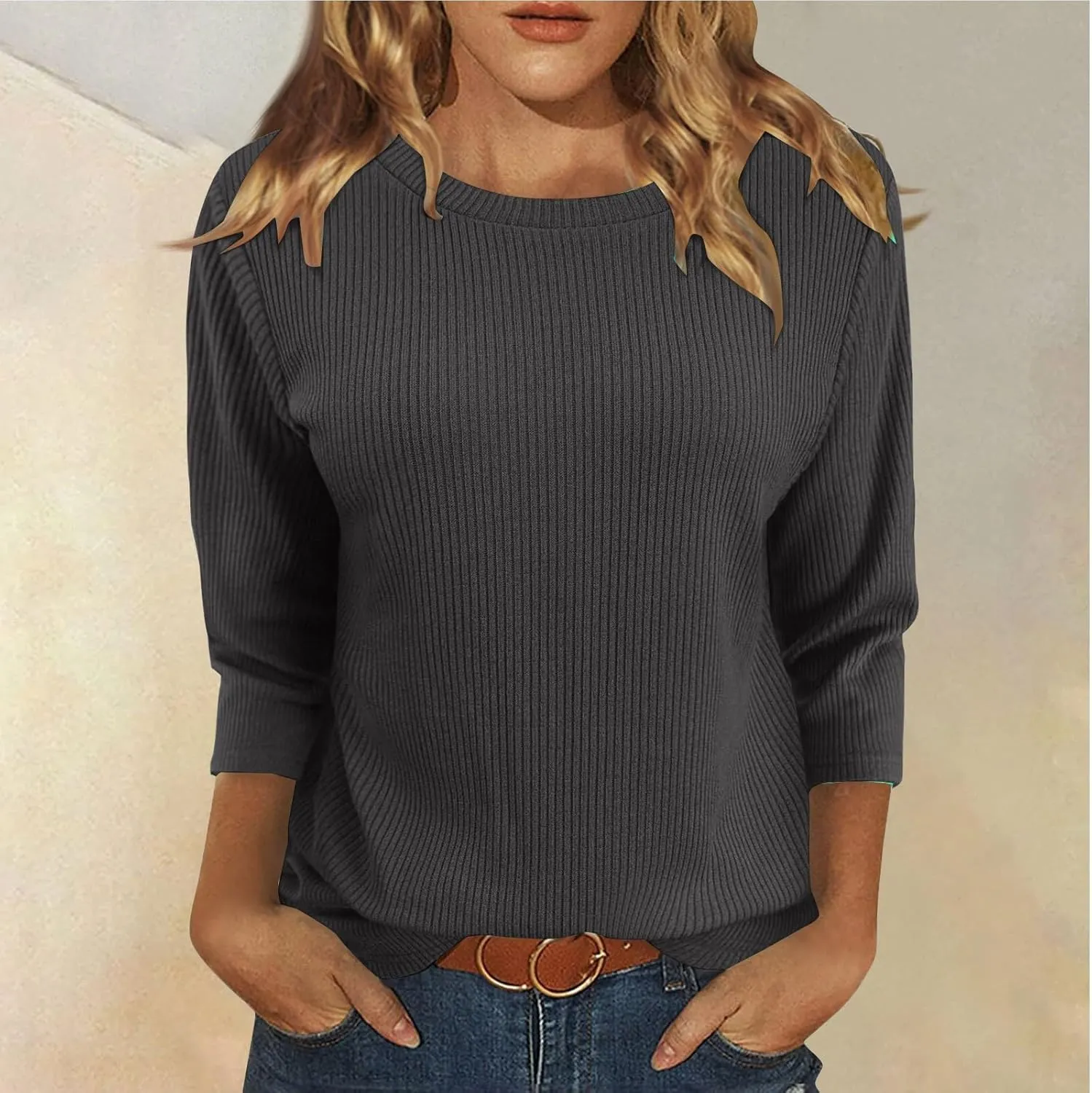 Oversized Sweaters for Women 3/4 Length Sleeve Tops Crewneck Blouses Dressy Casual Knit Tops