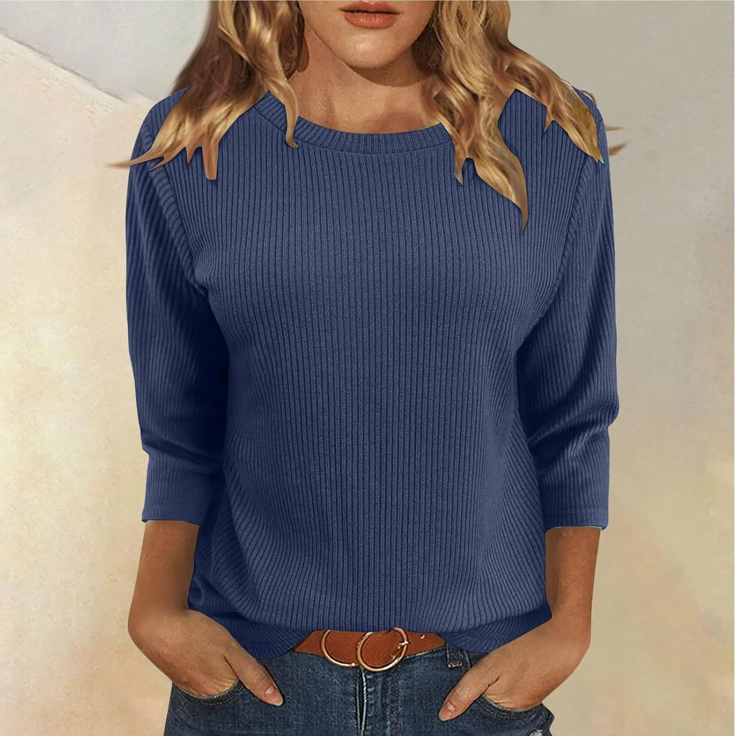 Oversized Sweaters for Women 3/4 Length Sleeve Tops Crewneck Blouses Dressy Casual Knit Tops
