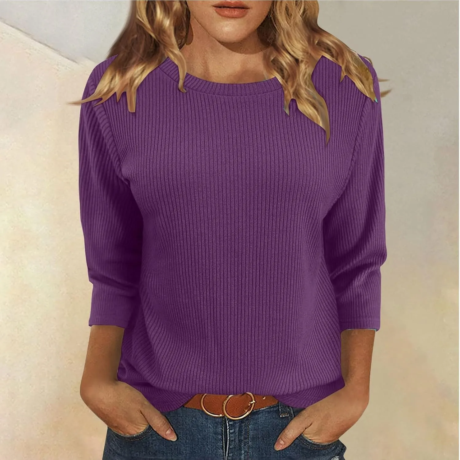 Oversized Sweaters for Women 3/4 Length Sleeve Tops Crewneck Blouses Dressy Casual Knit Tops