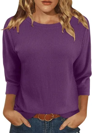 Oversized Sweaters for Women 3/4 Length Sleeve Tops Crewneck Blouses Dressy Casual Knit Tops
