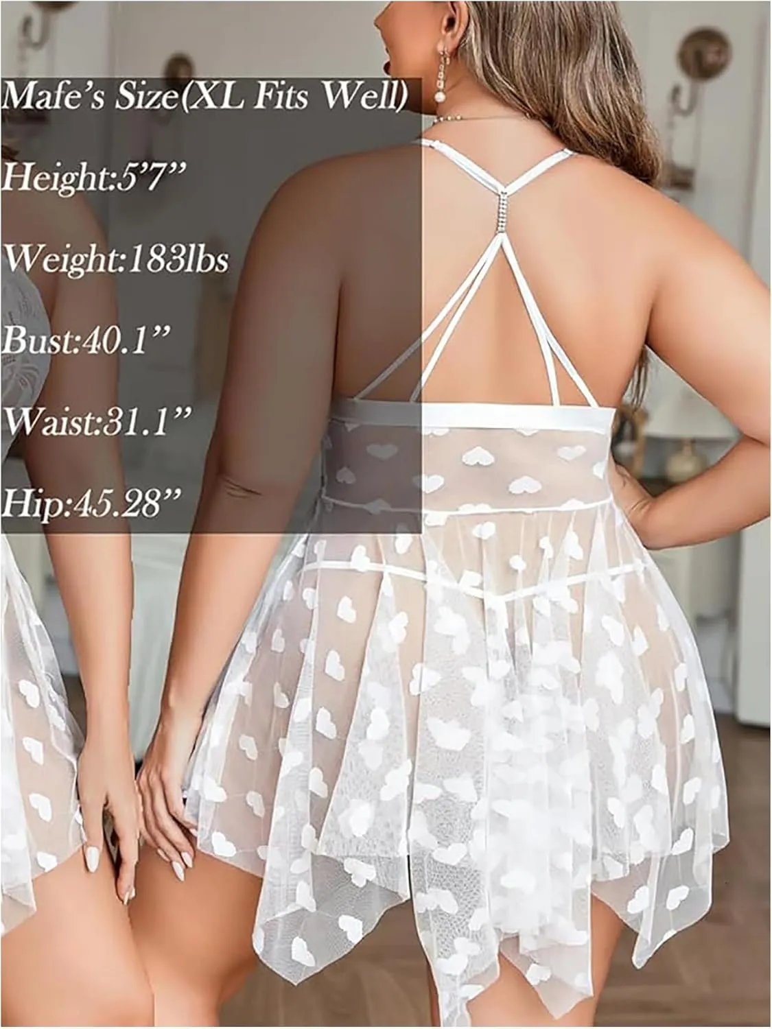 OYOANGLE Women's Plus Size Heart Print Lace Sheer Open Front Chemise Nightgown Babydoll Nightie Nightwear