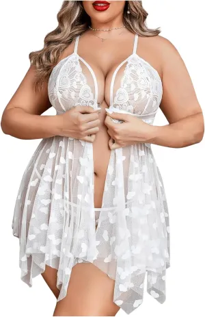 OYOANGLE Women's Plus Size Heart Print Lace Sheer Open Front Chemise Nightgown Babydoll Nightie Nightwear