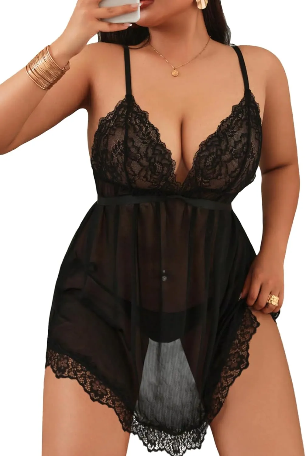 OYOANGLE Women's Plus Size V Neck Nightwear 2 piece Chemise Lace Strap Mesh See Through Lounge Sleepwear Lingerie Set