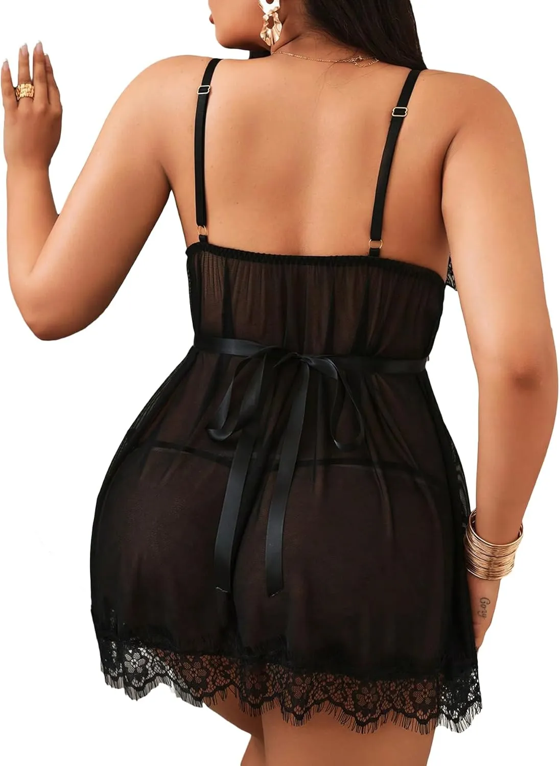 OYOANGLE Women's Plus Size V Neck Nightwear 2 piece Chemise Lace Strap Mesh See Through Lounge Sleepwear Lingerie Set