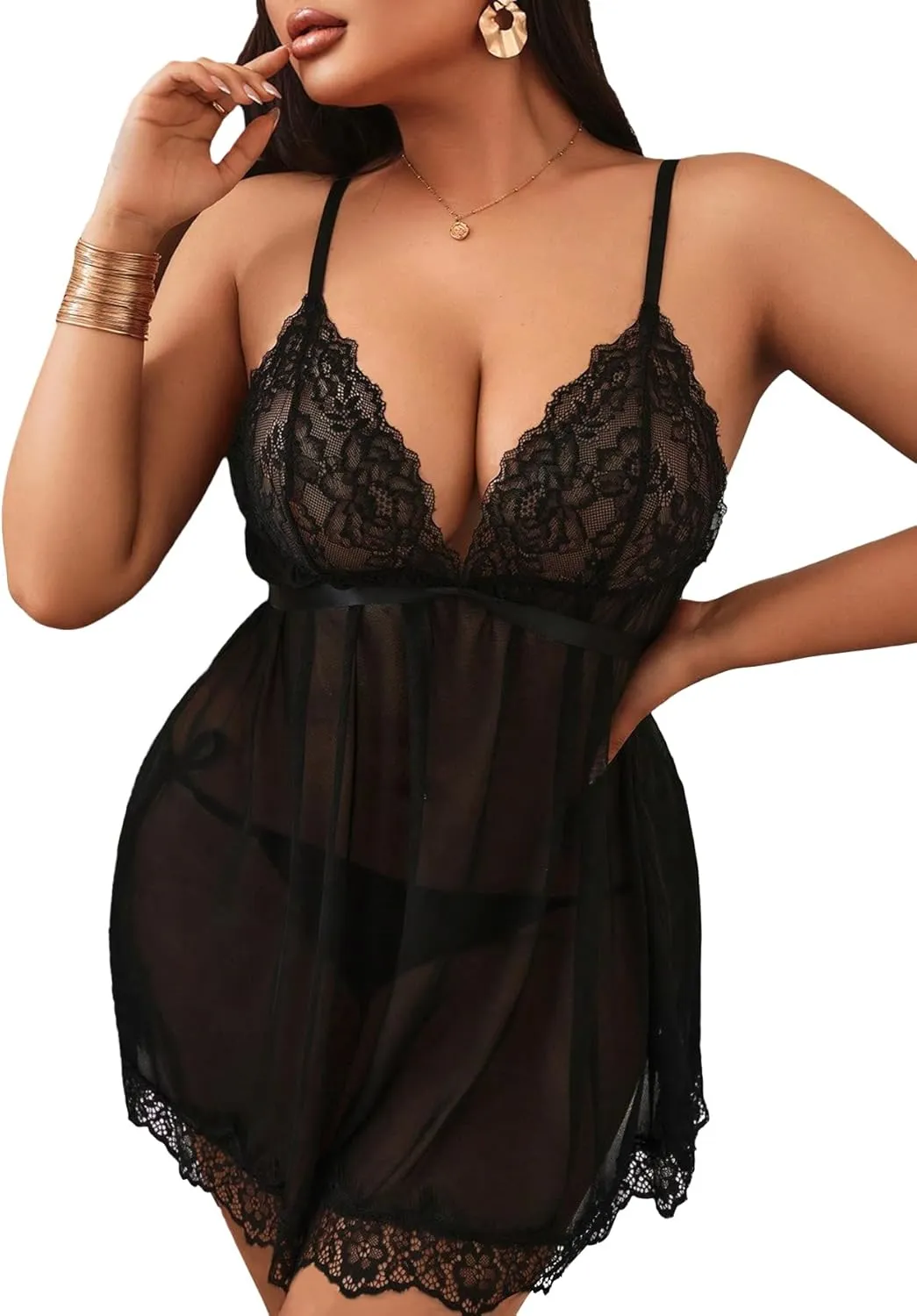 OYOANGLE Women's Plus Size V Neck Nightwear 2 piece Chemise Lace Strap Mesh See Through Lounge Sleepwear Lingerie Set