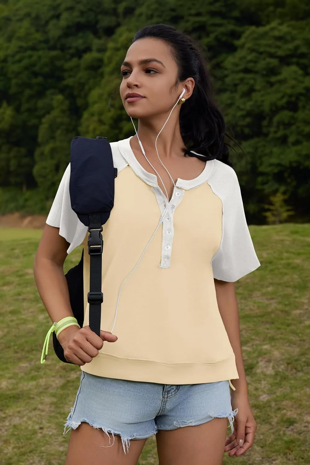 Panadila Womens Color Block Short Sleeve Tops Oversized Tshirts Summer Raglan Shirt Casual Crop Cute Tops