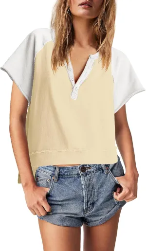 Panadila Womens Color Block Short Sleeve Tops Oversized Tshirts Summer Raglan Shirt Casual Crop Cute Tops