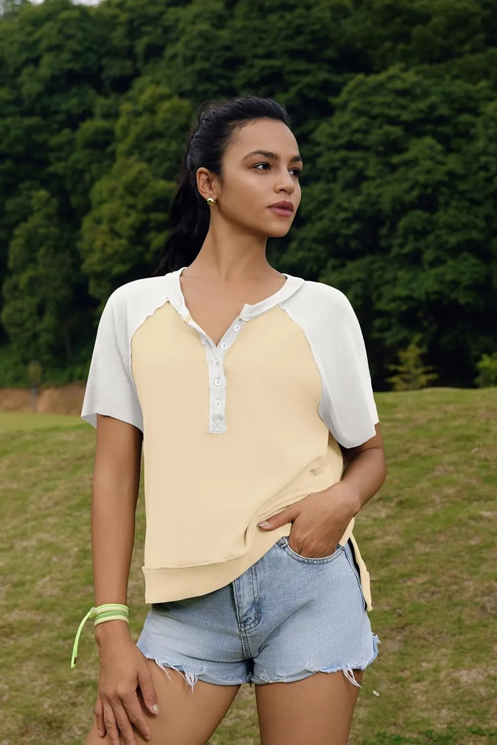 Panadila Womens Color Block Short Sleeve Tops Oversized Tshirts Summer Raglan Shirt Casual Crop Cute Tops
