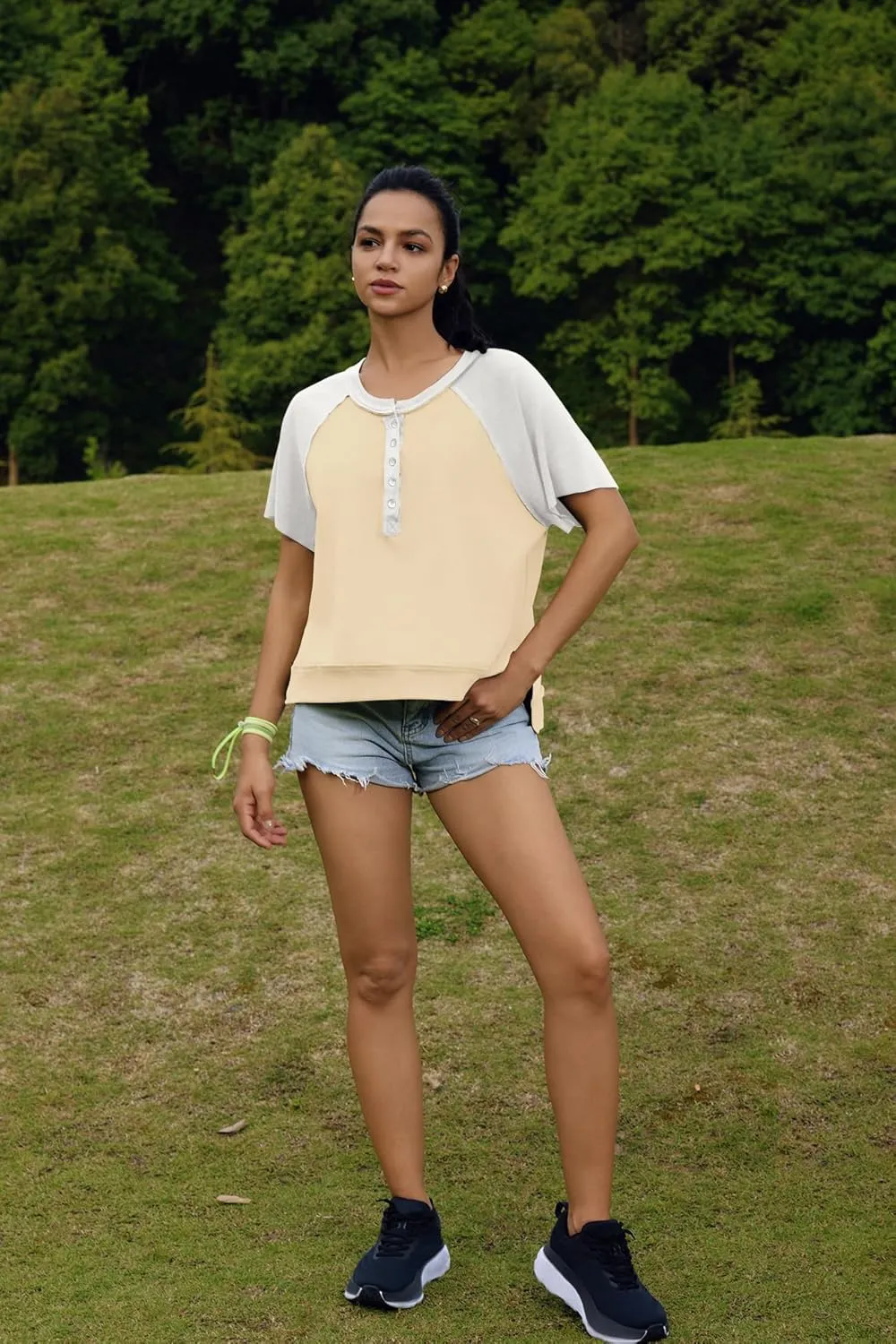 Panadila Womens Color Block Short Sleeve Tops Oversized Tshirts Summer Raglan Shirt Casual Crop Cute Tops