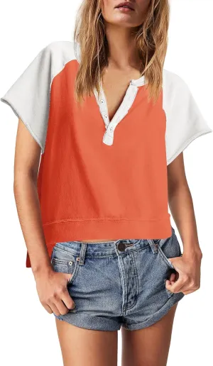 Panadila Womens Color Block Short Sleeve Tops Oversized Tshirts Summer Raglan Shirt Casual Crop Cute Tops