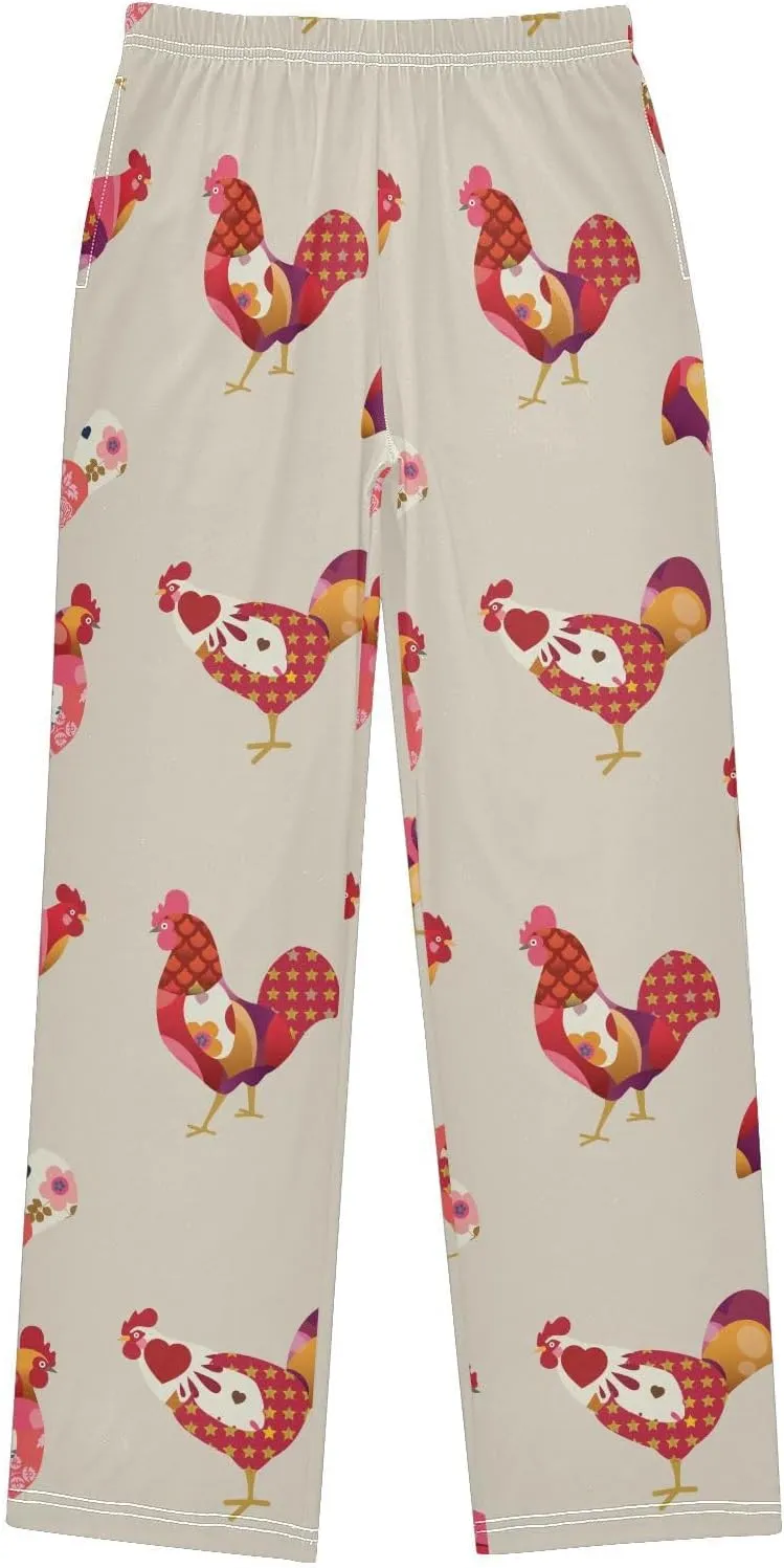 Pigsaly Boys' Pants Colorful Boho Roosters Long Bottoms Star Flower Jogger Pants Elastic Waist Trousers With Pockets S