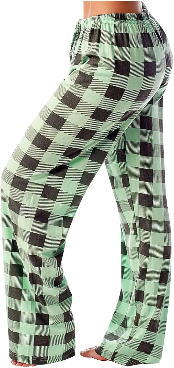 Plaid Pajama Pants Women Stretch Comfy Lounge Pants Drawstring Lounge Striped Pajama Bottoms with Pockets