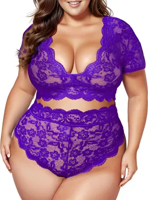 Plus Size 2 Piece Lingerie Set for Women Sexy Deep V Allover Lace Bra and Panty High Waist Nightwear Clubwear