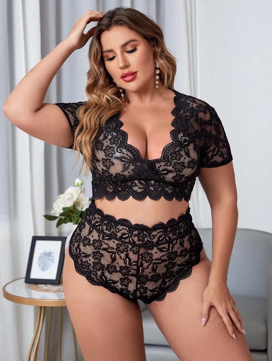 Plus Size 2 Piece Lingerie Set for Women Sexy Deep V Allover Lace Bra and Panty High Waist Nightwear Clubwear