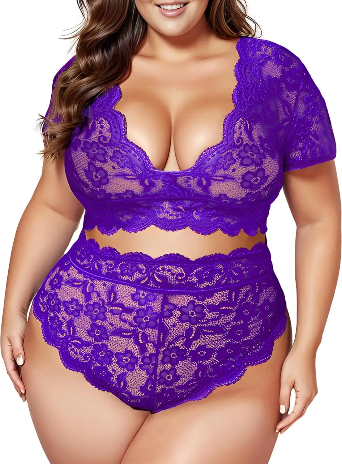 Plus Size 2 Piece Lingerie Set for Women Sexy Deep V Allover Lace Bra and Panty High Waist Nightwear Clubwear