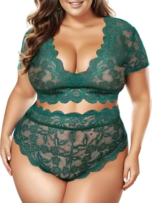 Plus Size 2 Piece Lingerie Set for Women Sexy Deep V Allover Lace Bra and Panty High Waist Nightwear Clubwear