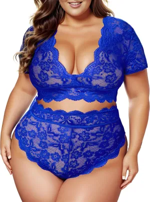 Plus Size 2 Piece Lingerie Set for Women Sexy Deep V Allover Lace Bra and Panty High Waist Nightwear Clubwear