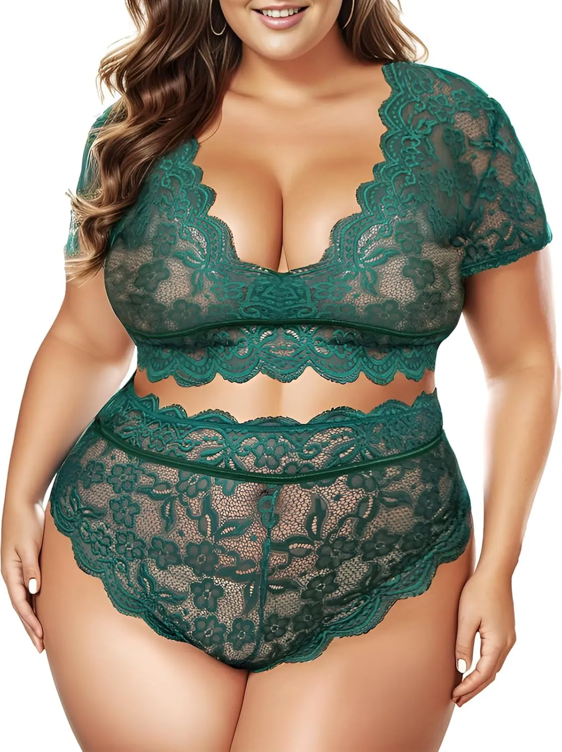 Plus Size 2 Piece Lingerie Set for Women Sexy Deep V Allover Lace Bra and Panty High Waist Nightwear Clubwear