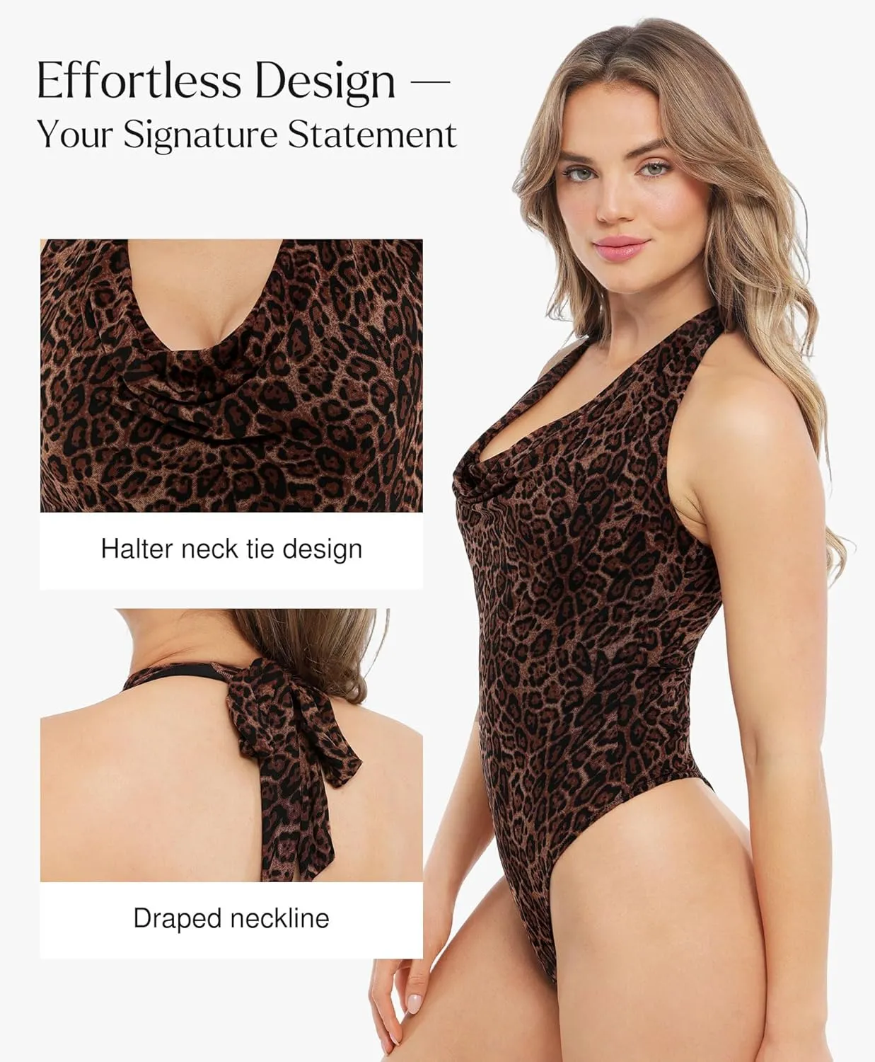 Popilush Halter Tops for Women - Tummy Control Shapewear Bodysuit Cowl Neck Tops Backless Vacation Outfits