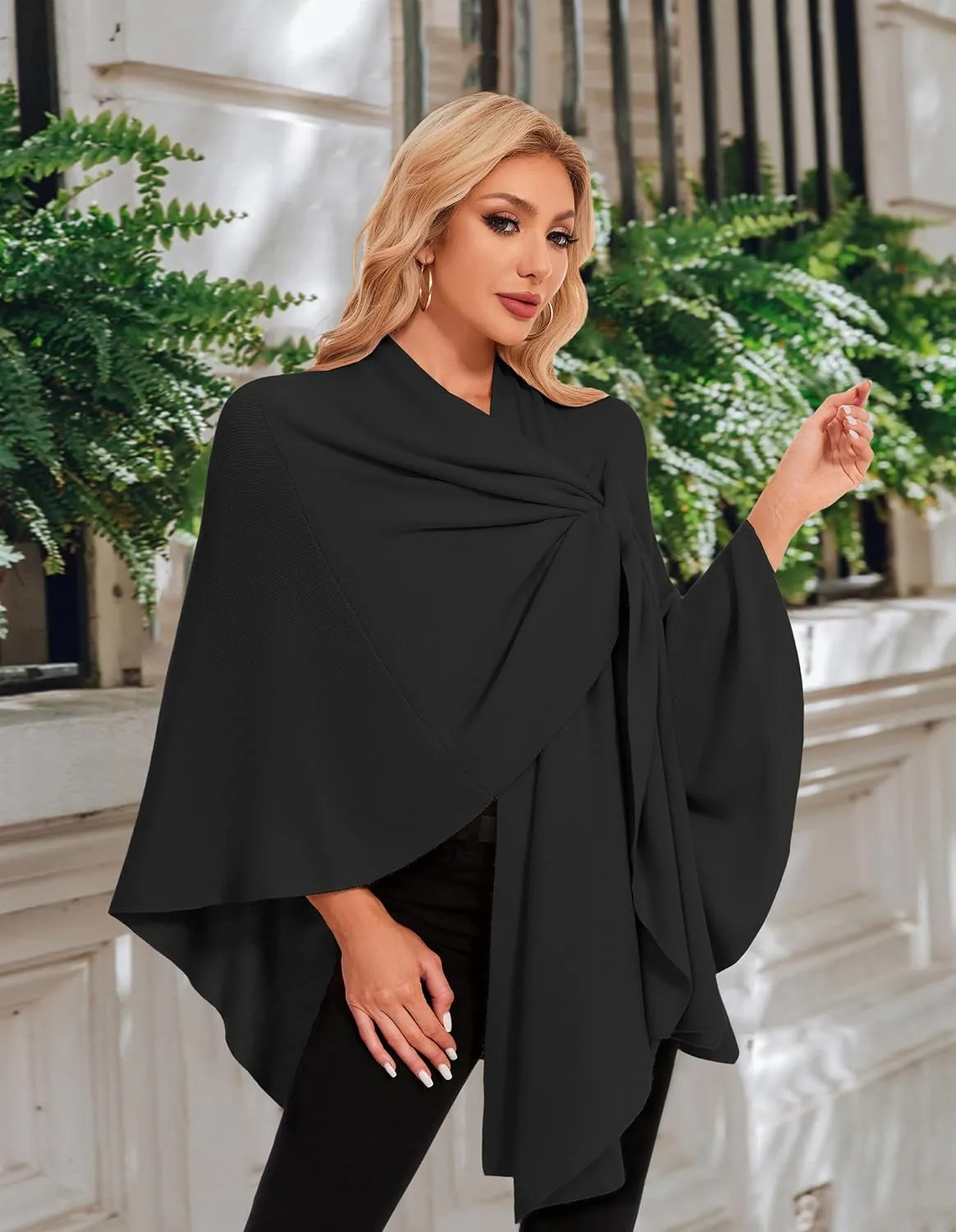 PULI Womens Elegant Cross Front Shawl Wraps Knitted Ponchos Cape Light Weight Poncho Sweater Soft Warm Travel Wraps