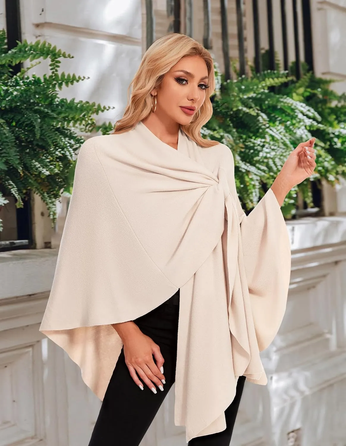 PULI Womens Elegant Cross Front Shawl Wraps Knitted Ponchos Cape Light Weight Poncho Sweater Soft Warm Travel Wraps