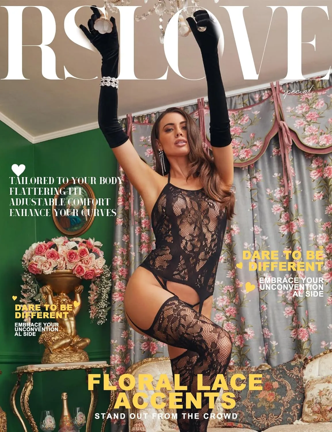 RSLOVE Women Fishnet Bodystocking Attached Stockings Sexy Lingerie Crotchless Bodysuit One Piece Babydoll One Size
