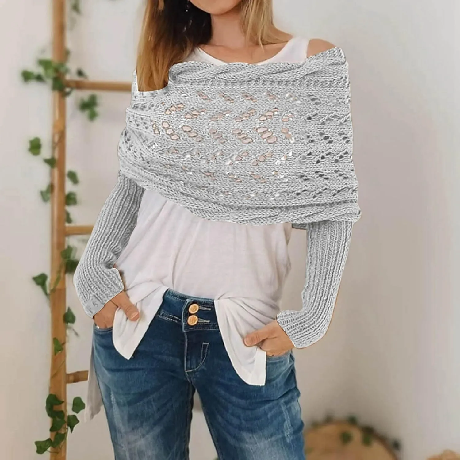 Scarf with Sleeves for Women, Knitted Cable Wrap, Shrugs for Women, Knitted Wrap, Unisex Sweater Scarf with Sleeves