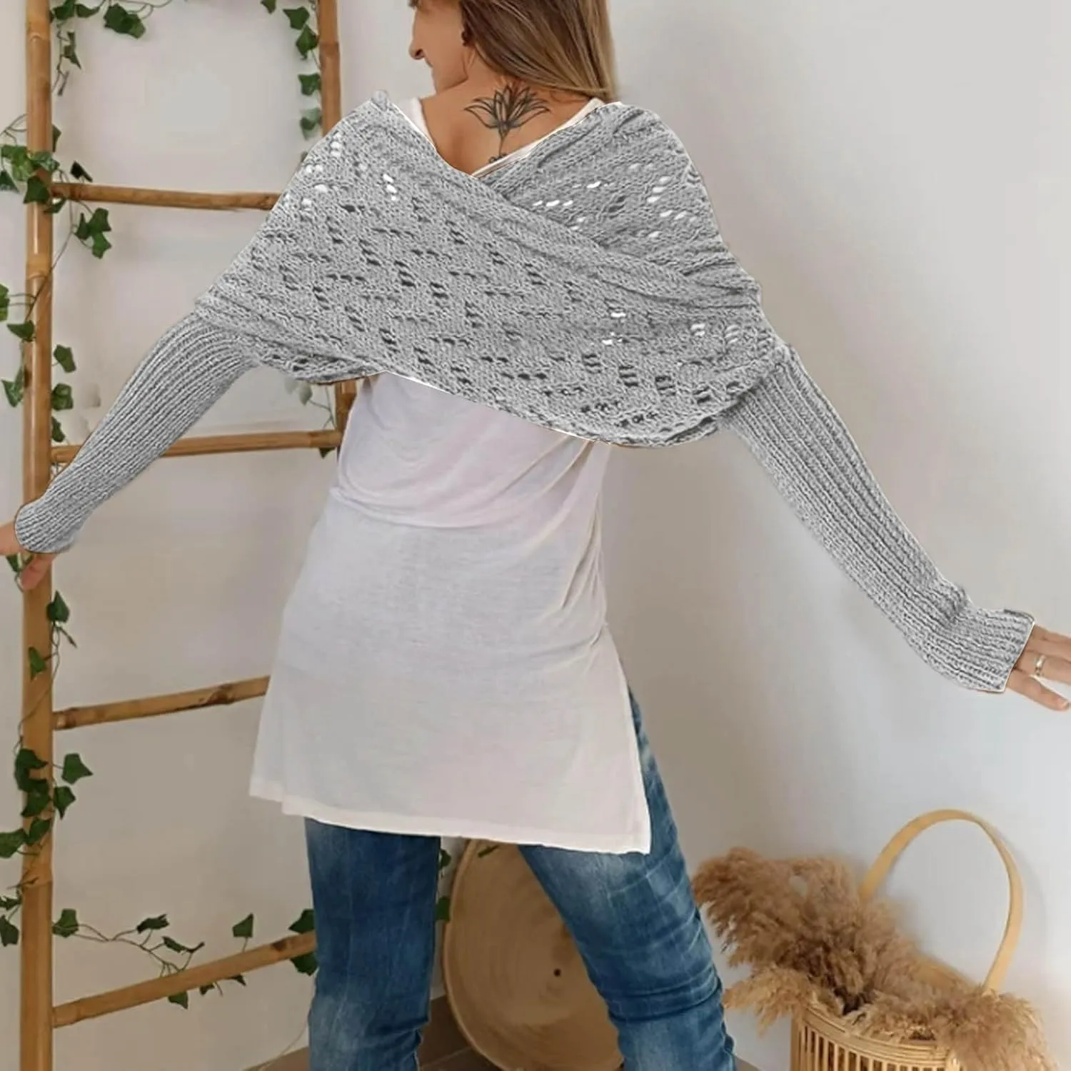 Scarf with Sleeves for Women, Knitted Cable Wrap, Shrugs for Women, Knitted Wrap, Unisex Sweater Scarf with Sleeves