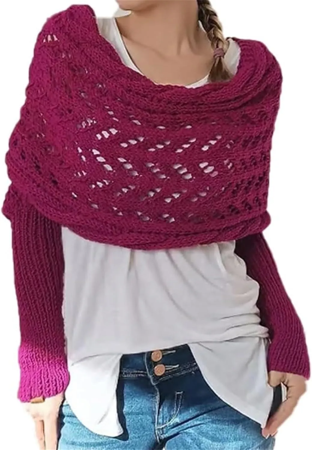 Scarf with Sleeves for Women,Crochet Knitted Cable Shawl Wraps Dressy Cropped Shrug Sweater Scarf Fall Winter Outfits