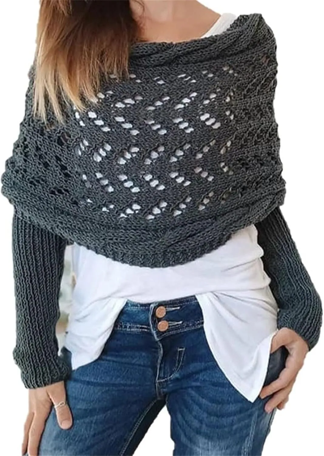 Scarf with Sleeves for Women,Crochet Knitted Cable Shawl Wraps Dressy Cropped Shrug Sweater Scarf Fall Winter Outfits