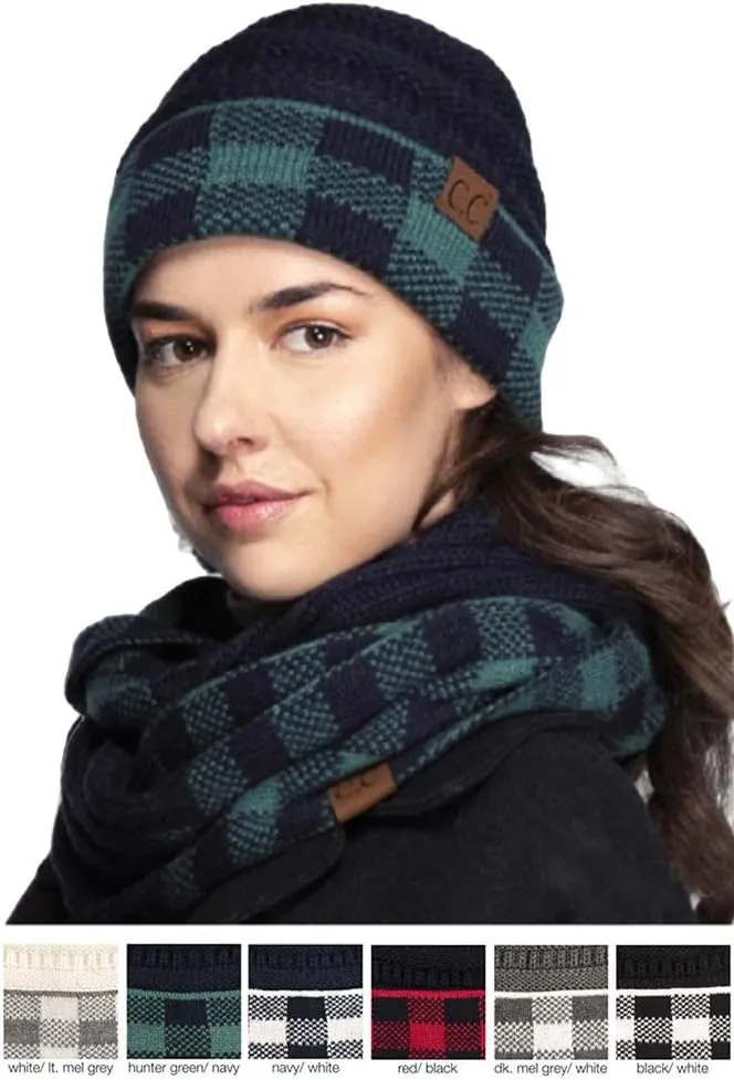 ScarvesMe 2pc Women's Winter Warm Buffalo Plaid Check Knitted Beanie and Infinity Loop Scarves Matching Set