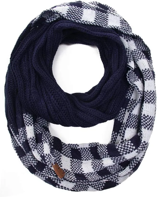 ScarvesMe 2pc Women's Winter Warm Buffalo Plaid Check Knitted Beanie and Infinity Loop Scarves Matching Set