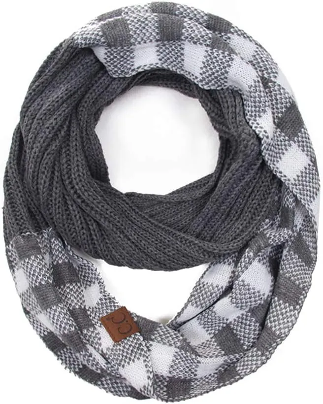 ScarvesMe 2pc Women's Winter Warm Buffalo Plaid Check Knitted Beanie and Infinity Loop Scarves Matching Set