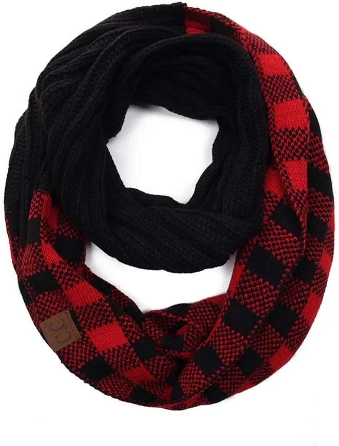ScarvesMe 2pc Women's Winter Warm Buffalo Plaid Check Knitted Beanie and Infinity Loop Scarves Matching Set