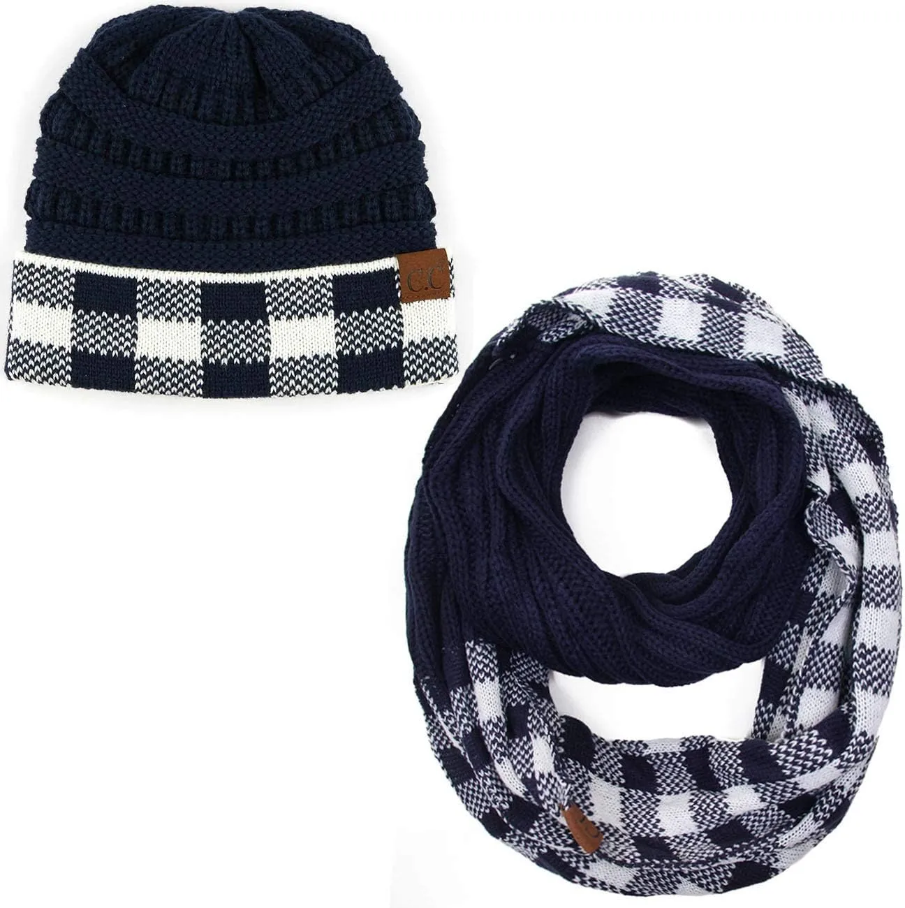 ScarvesMe 2pc Women's Winter Warm Buffalo Plaid Check Knitted Beanie and Infinity Loop Scarves Matching Set
