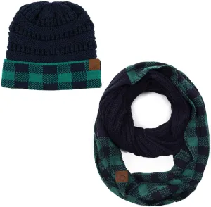 ScarvesMe 2pc Women's Winter Warm Buffalo Plaid Check Knitted Beanie and Infinity Loop Scarves Matching Set