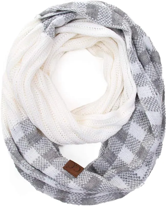 ScarvesMe 2pc Women's Winter Warm Buffalo Plaid Check Knitted Beanie and Infinity Loop Scarves Matching Set