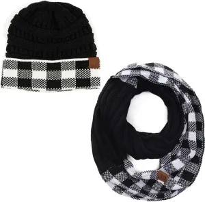 ScarvesMe 2pc Women's Winter Warm Buffalo Plaid Check Knitted Beanie and Infinity Loop Scarves Matching Set